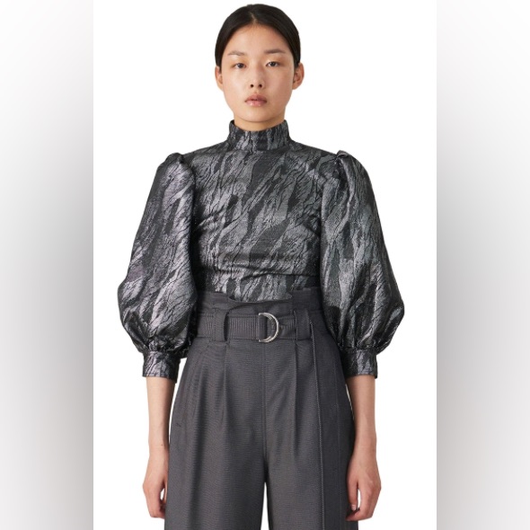 Ganni Metallic Jacquard Brocade Black Puff Sleeve Top Size 36